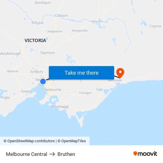 Melbourne Central to Bruthen map