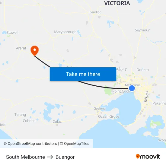 South Melbourne to Buangor map