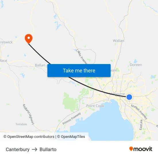 Canterbury to Bullarto map