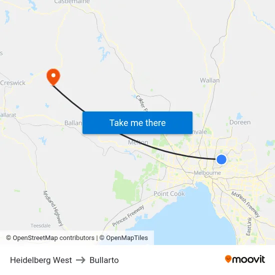 Heidelberg West to Bullarto map