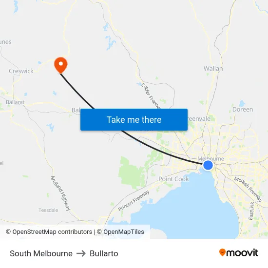 South Melbourne to Bullarto map