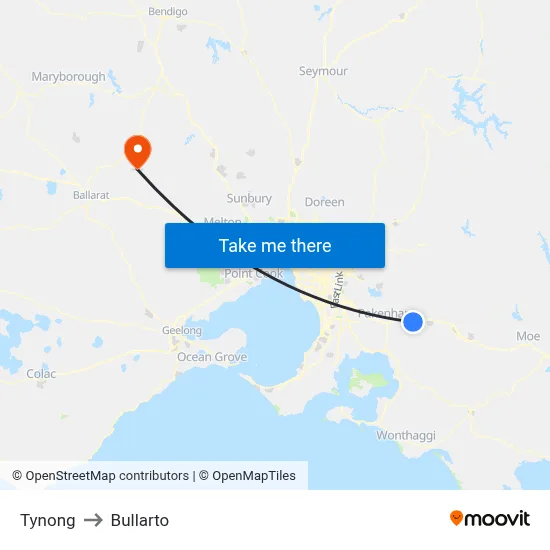 Tynong to Bullarto map