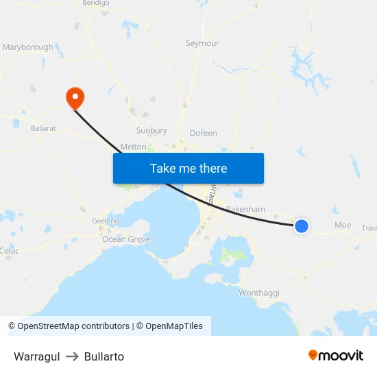 Warragul to Bullarto map