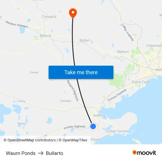 Waurn Ponds to Bullarto map
