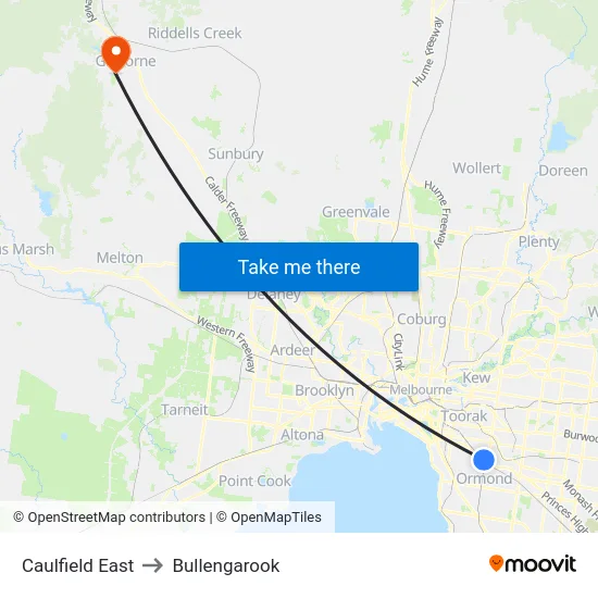 Caulfield East to Bullengarook map