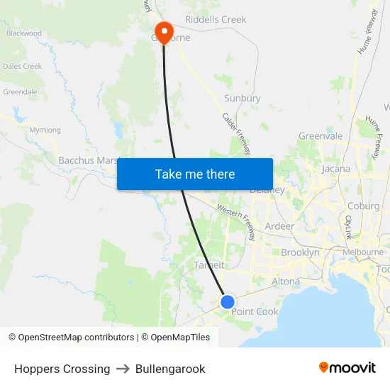 Hoppers Crossing to Bullengarook map