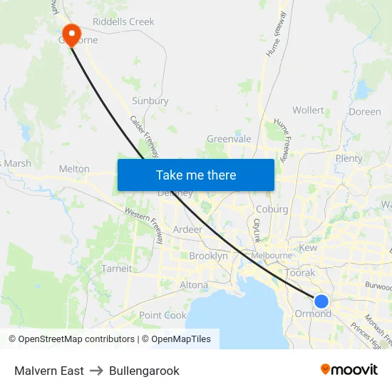 Malvern East to Bullengarook map
