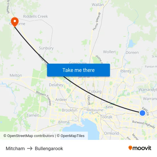 Mitcham to Bullengarook map