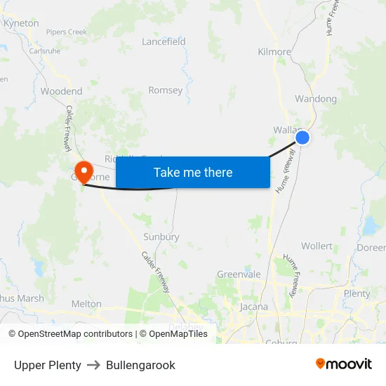 Upper Plenty to Bullengarook map