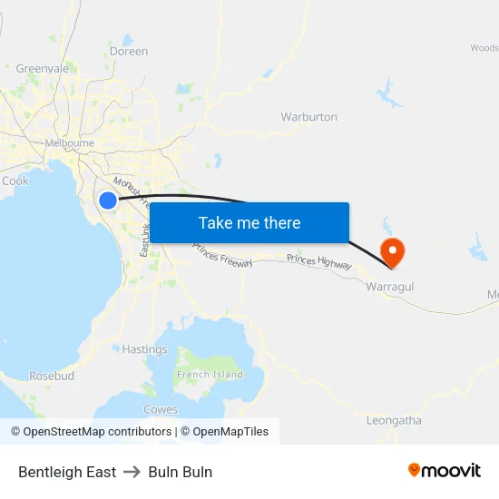 Bentleigh East to Buln Buln map