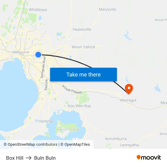 Box Hill to Buln Buln map
