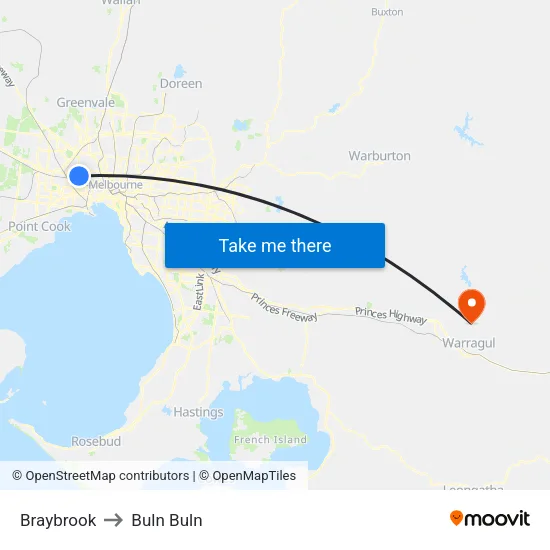 Braybrook to Buln Buln map