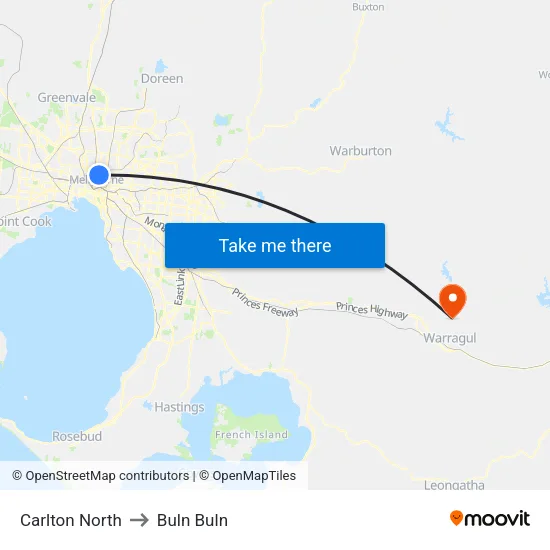 Carlton North to Buln Buln map