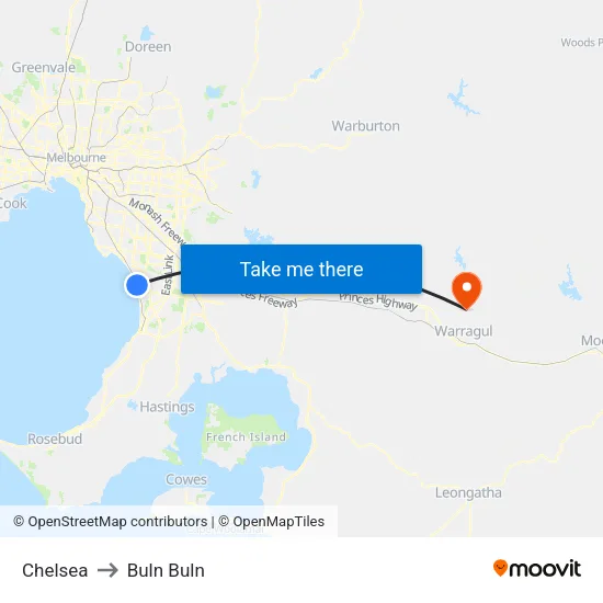 Chelsea to Buln Buln map