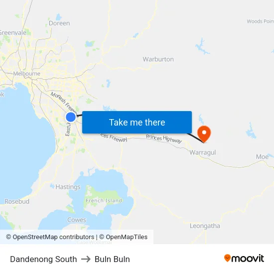 Dandenong South to Buln Buln map