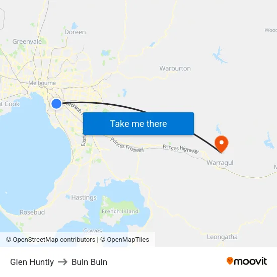 Glen Huntly to Buln Buln map