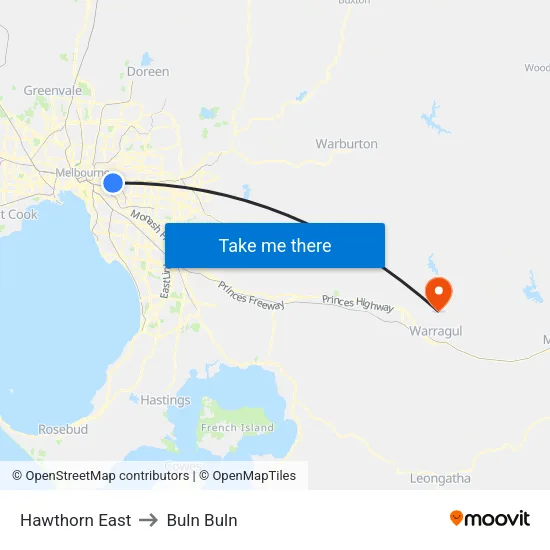 Hawthorn East to Buln Buln map