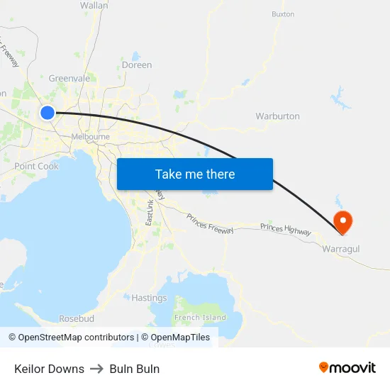 Keilor Downs to Buln Buln map