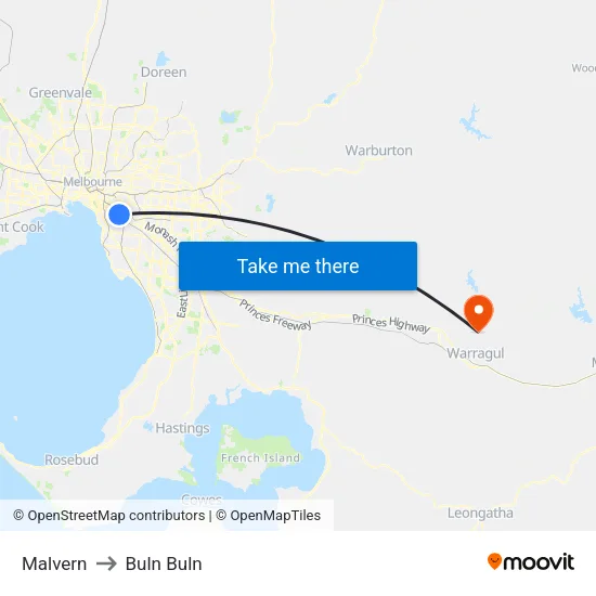 Malvern to Buln Buln map