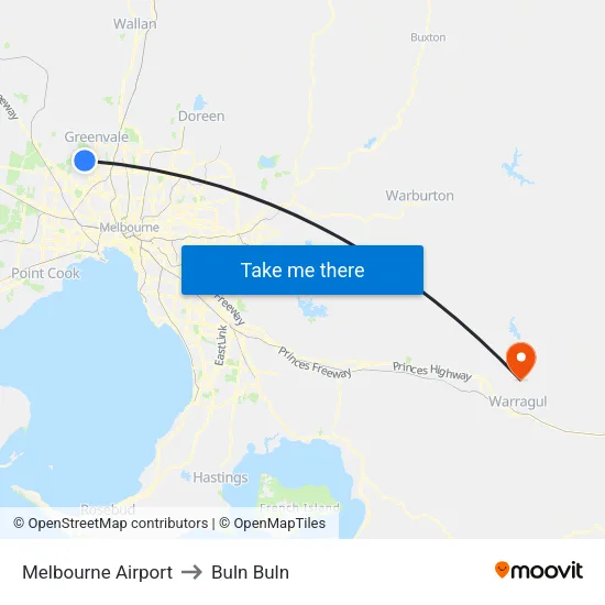 Melbourne Airport to Buln Buln map