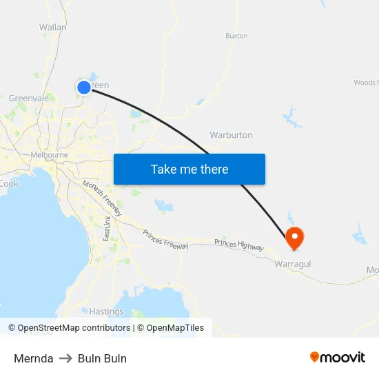Mernda to Buln Buln map