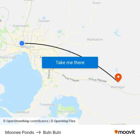 Moonee Ponds to Buln Buln map