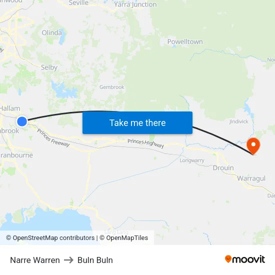 Narre Warren to Buln Buln map