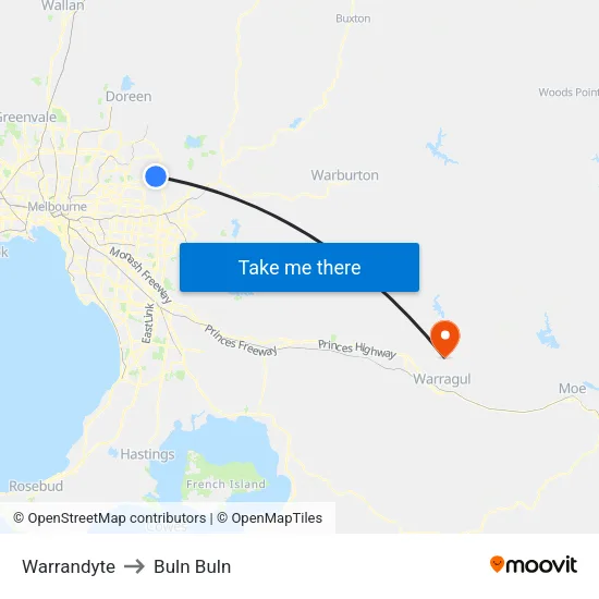 Warrandyte to Buln Buln map