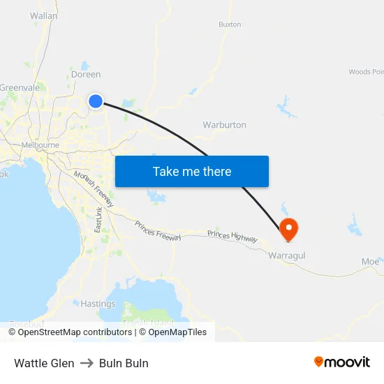 Wattle Glen to Buln Buln map