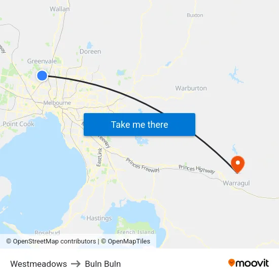 Westmeadows to Buln Buln map