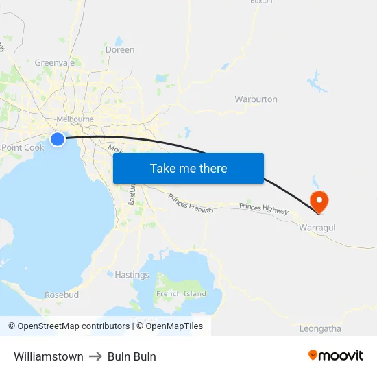 Williamstown to Buln Buln map