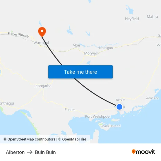 Alberton to Buln Buln map
