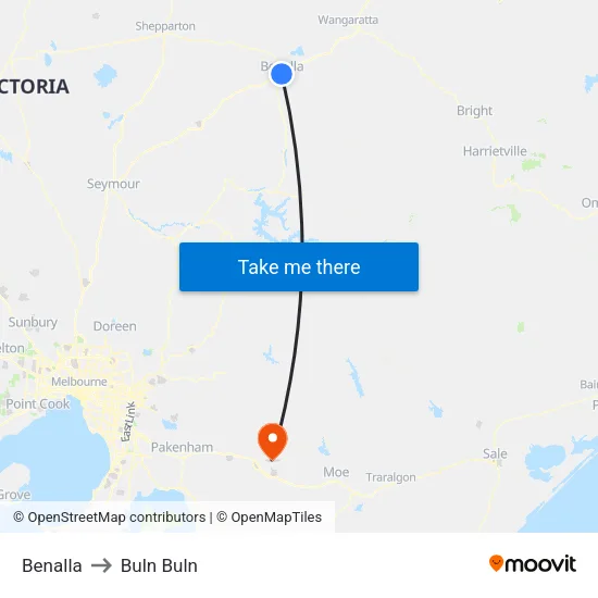 Benalla to Buln Buln map