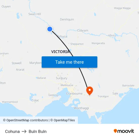 Cohuna to Buln Buln map