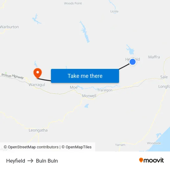 Heyfield to Buln Buln map