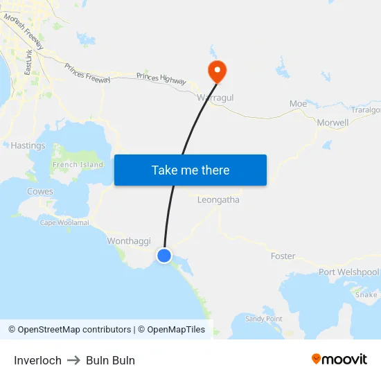 Inverloch to Buln Buln map