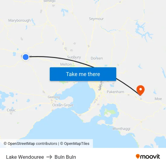 Lake Wendouree to Buln Buln map