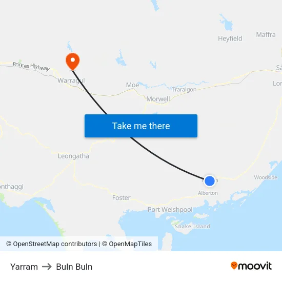 Yarram to Buln Buln map
