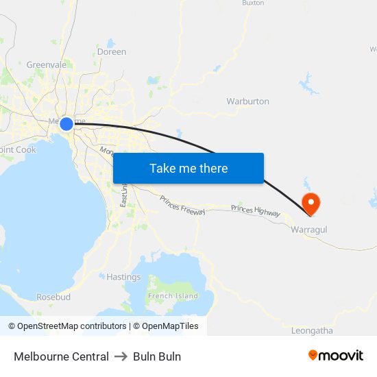 Melbourne Central to Buln Buln map
