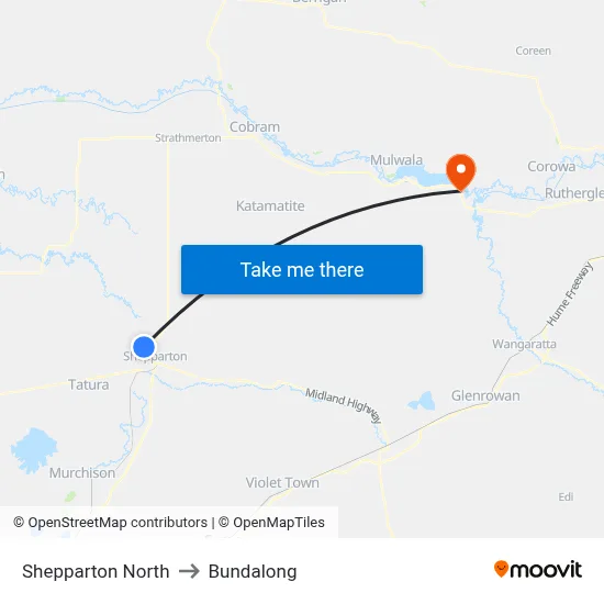 Shepparton North to Bundalong map