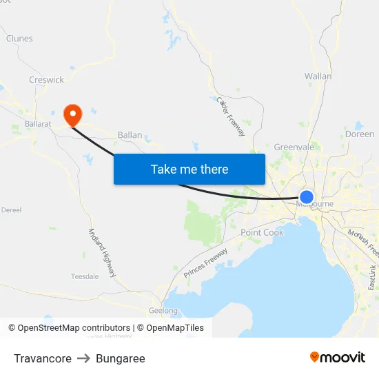 Travancore to Bungaree map