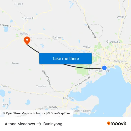 Altona Meadows to Buninyong map