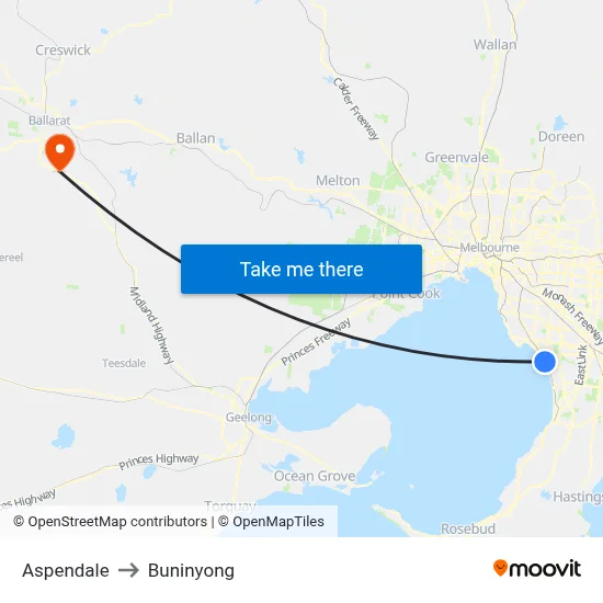 Aspendale to Buninyong map