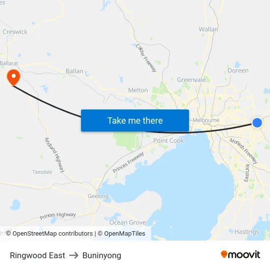 Ringwood East to Buninyong map