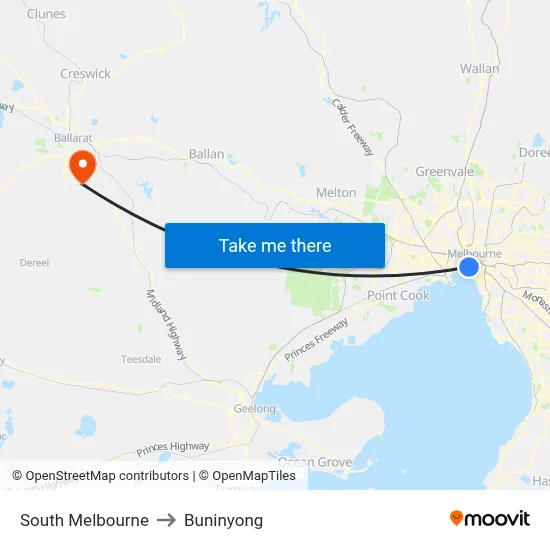 South Melbourne to Buninyong map