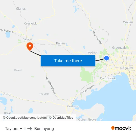 Taylors Hill to Buninyong map