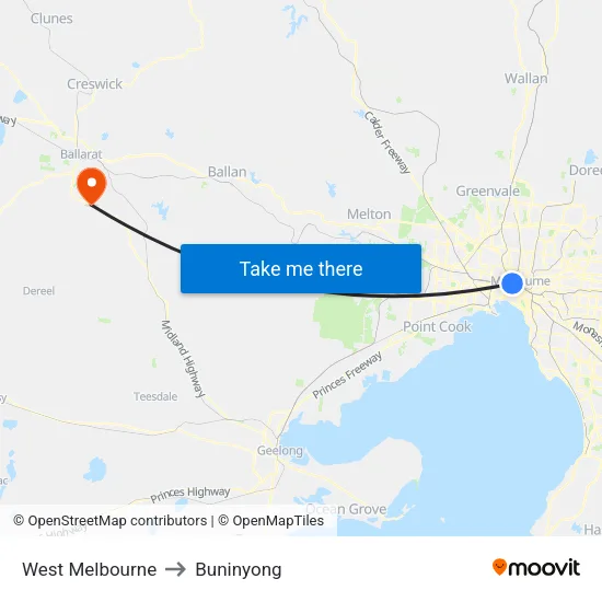 West Melbourne to Buninyong map