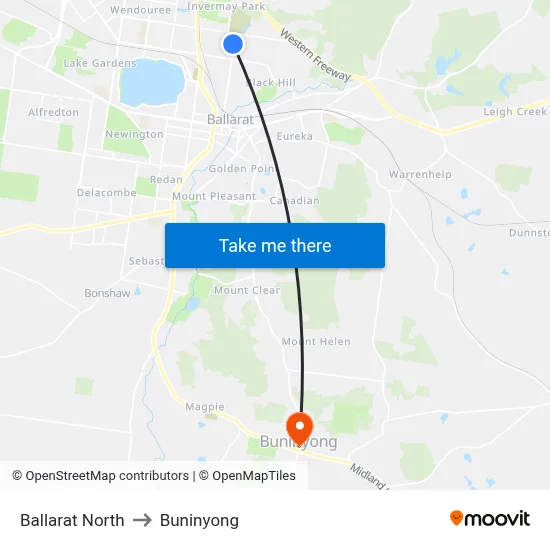 Ballarat North to Buninyong map
