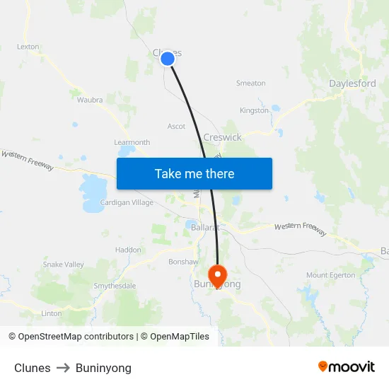Clunes to Buninyong map