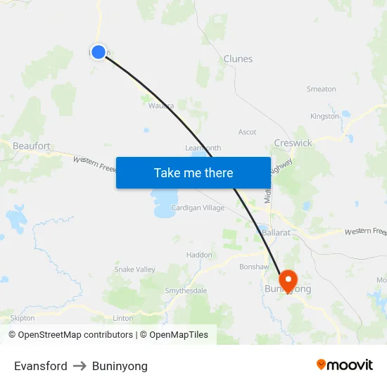 Evansford to Buninyong map
